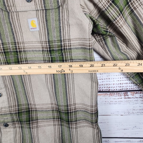 Carhartt Heavyweight Flannel Mens M Green Loose Fit Plaid Button Work 105947 GD3 - Picture 6 of 8